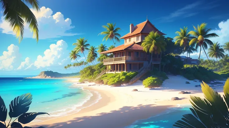 tropical house on the beach with palm trees and blue water, island background, anime background art, amazing wallpaper, background art, hd wallpaper, relaxing concept art, beautiful wallpaper, high quality desktop wallpaper, background artwork, pc wallpape...