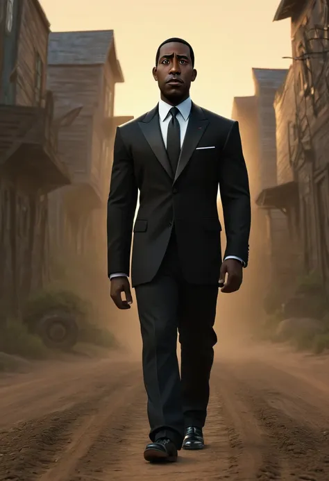 Shawt,a black man,in a black suit,walking down a dirt road,pixar art style⁹