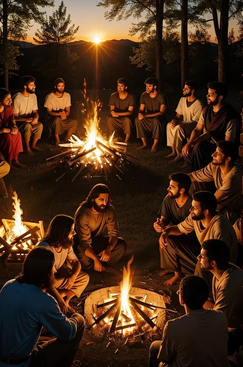 Jesus at a bonfire with the disciples 
