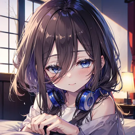 Mikunakano, miku nakano, Long Hair, bangs, blue eyes, Brown Hair, shirt, Hair between the eyes,smile,Open your mouth, Messy Hair,オーバサイズtshirt,One Shoulder,Black string underwear,barefoot,Sitting on the bed,sleepy,Squinting,morning,morning陽,The sun is risin...