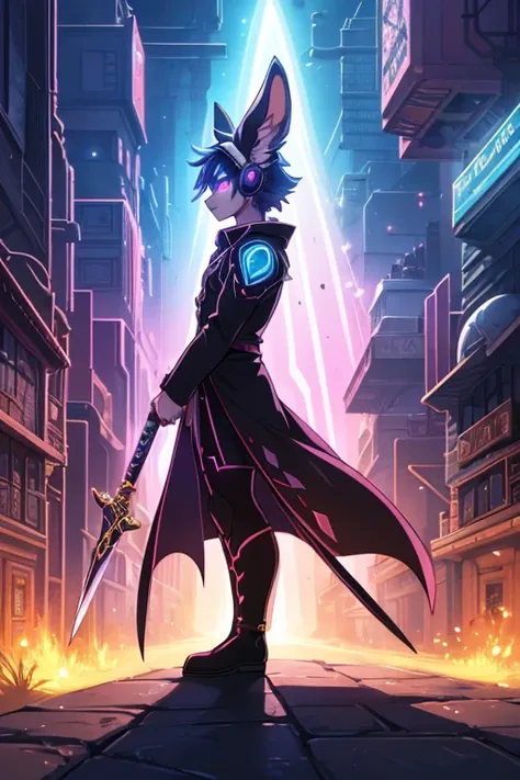 human Sorcerer secret agent, full body, wearing an elegant suit made with fine fabric and with magic circuits, holding in both hands a sword with a long handle with magical carved details glowing, whole rabbit ears, human face, glowing eyes, RPG fantasy, t...