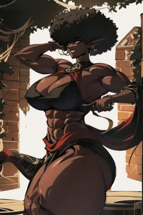 (masterpiece, best quality:1.2),1 girl, voluptuous body, full body, masterpiece, dominant pose, good anatomy, no extra limbs, big ass, thick thighs, black hair, voluminous afro, pointy ears, gold earrings, black top with red details, black skirt with red d...