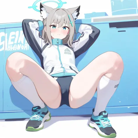 score_9, score_8_up, score_7_up, score_6_up, score_5_up, score_4_up, source_anime, screenshots, 
shiroko-gym, shiroko (blue archive),blue eyes,grey hair,hairclip,animal ears,halo,track jacket,buruma,white socks,sneakers,
 Erotically spreading legs, hands b...