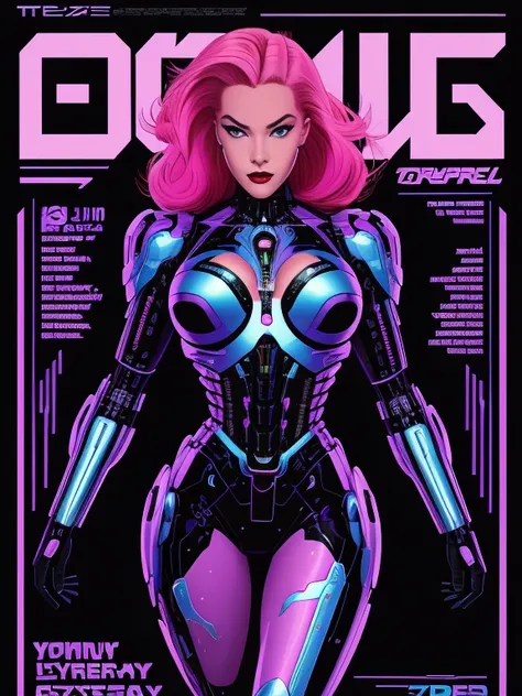 feminine cyborg, magazine cover, poster art , hint of vibrant, bold sexy text