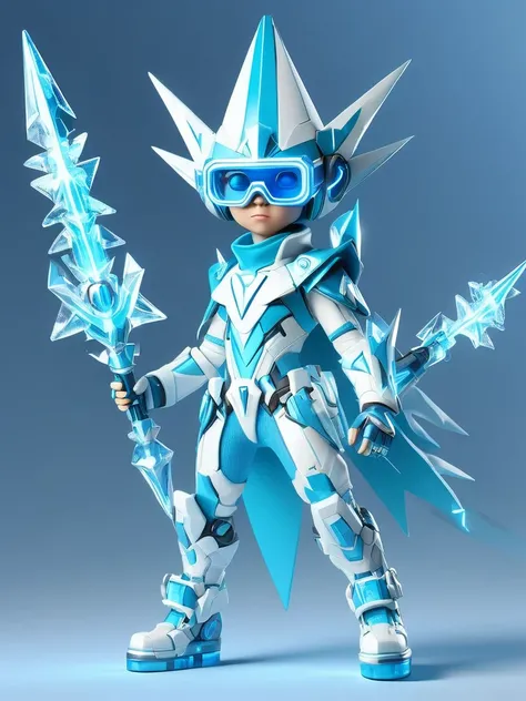 1boy, solo, ice energy, element of ice, wearing a pointy light blue headdress, large triangular glasses, light blue highlights, wearing a bright white and light blue triangle outfit, high-heeled boots, holding an ice weapon, best quality, original, full bo...