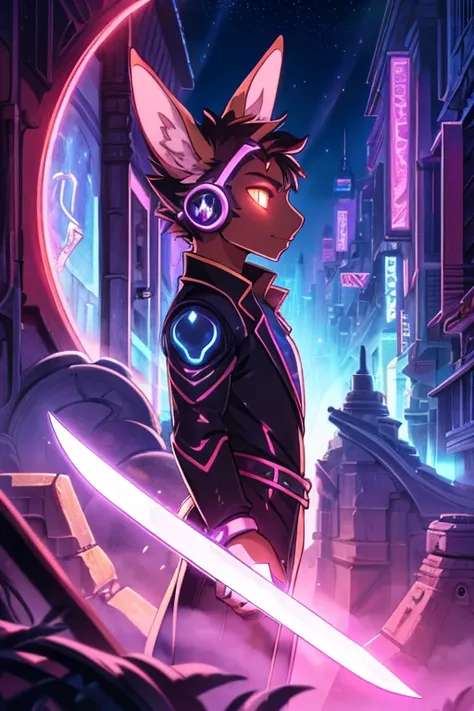 human Sorcerer secret agent, full body, wearing an elegant suit made with fine fabric and with magic circuits, holding in both hands a sword with a long handle with magical carved details glowing, whole rabbit ears, human face, glowing eyes, RPG fantasy, t...