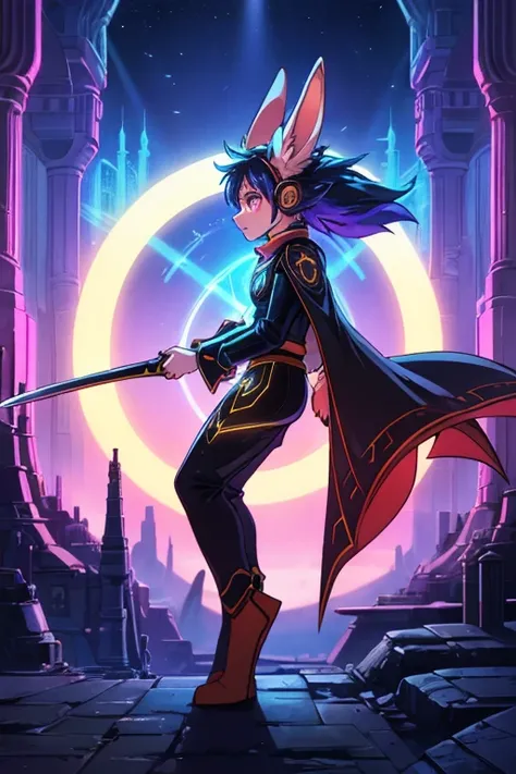 human Sorcerer secret agent, full body, wearing an elegant suit made with fine fabric and with magic circuits, holding in both hands a sword with a long handle with magical carved details glowing, whole rabbit ears, human face, glowing eyes, RPG fantasy, t...