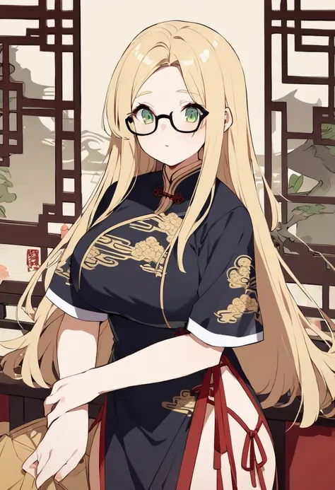 chubby girl, Blonde with green eyes, long hair without bangs, black glasses with square frames Chinese clothing style, Ancient China 