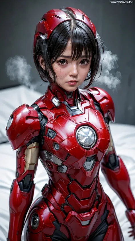 Highest quality　8k Red Iron Man Suit Girl　Middle-aged women　Sweaty face　cute　short hair　boyish　Steam coming out of my head　My hair is wet with sweat　The feel of black hair　Full body portrait　My upper body is soaked　 Airtight headgear　I can see the vagina　L...