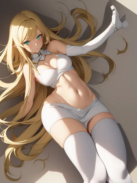 alone woman // super heroine // White clothes: short skirt, top with neckline, high boots and mini cover // long golden hair // green eyes // full body // exposed belly // big breasts (E cup) // blonde