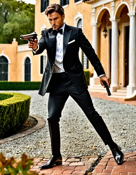 (masterpiece), (best quality), (hires), 1man, male focus, solo, solo focus, hispanic, perfect hands, (holding pistol with one hand, Beretta 92FS), hand in pocket, brown hair, hazel eyes, tuxedo, black tuxedo, danger atmosphere, mansion backdrop, combed-bac...