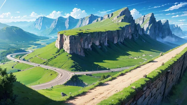 Anime landscape of a mountain landscape with a road going through it landscape, 8K image quality, Masterpiece