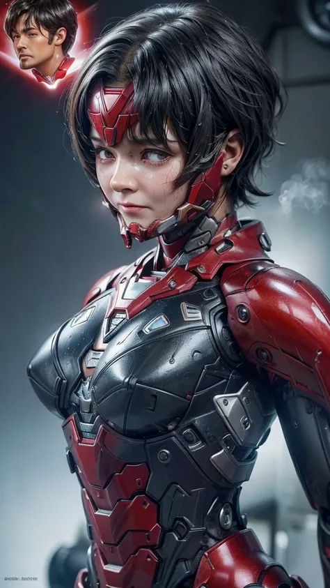 Highest quality　8k Red Iron Man Suit Girl　Middle-aged women　Sweaty face　cute　short hair　boyish　Steam coming out of my head　My hair is wet with sweat　The feel of black hair　Full body portrait　My upper body is soaked　 　I can see the vagina　Lying in bed