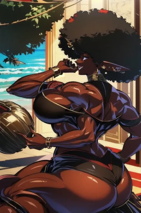 (masterpiece, best quality:1.2),1 girl, voluptuous body, full body, masterpiece, dominant pose, good anatomy, no extra limbs, big ass, thick thighs, black hair, voluminous afro, pointy ears, gold earrings, black top with red details, black skirt with red d...