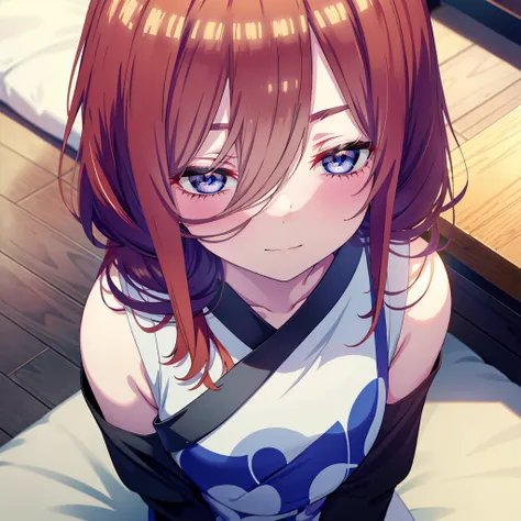 Mikunakano, miku nakano, Long Hair, bangs, blue eyes, Brown Hair, shirt, Hair between the eyes,smile,Open your mouth, Messy Hair,オーバサイズtshirt,One Shoulder,Black string underwear,barefoot,Sitting on the bed,sleepy,Squinting,morning,morning陽,The sun is risin...