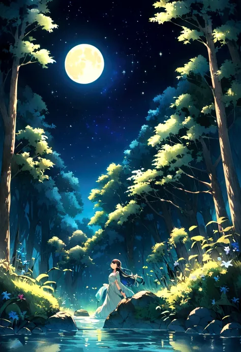 There is a stream flowing in the forest.、Looking up and the tree々You can see the starry sky from between。The water is clean。The big full moon is also shining。