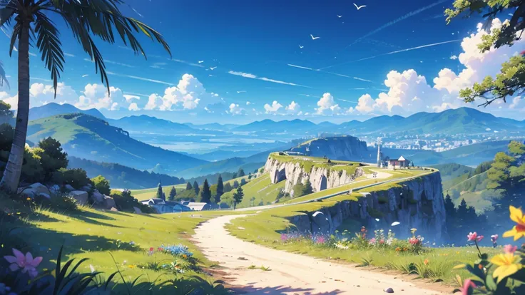 anime landscape of a mountain landscape with a road going through it landscape, 8k image quality, masterpiece