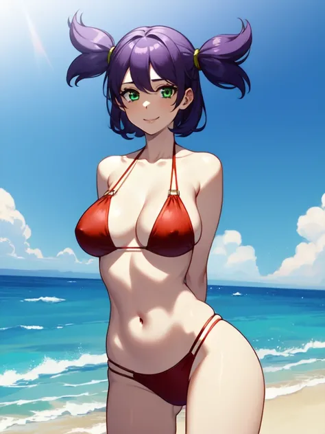 masterpiece, Leaned towards the viewer, very close, tits near the viewerhigh quality, 1girl, bllena, medium shot, upper body, green eyes, purple hair, twintails, , (dynamic pose), smile, outdoors, beach,  Lena , solo, 1 girl , red bikini, bent down, master...