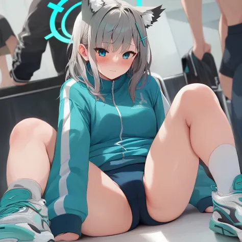 score_9, score_8_up, score_7_up, score_6_up, score_5_up, score_4_up, source_anime, screenshots, 
shiroko-gym, shiroko (blue archive),blue eyes,grey hair,hairclip,animal ears,halo,track jacket,buruma,white socks,sneakers,
 Erotically spreading legs, half-sq...