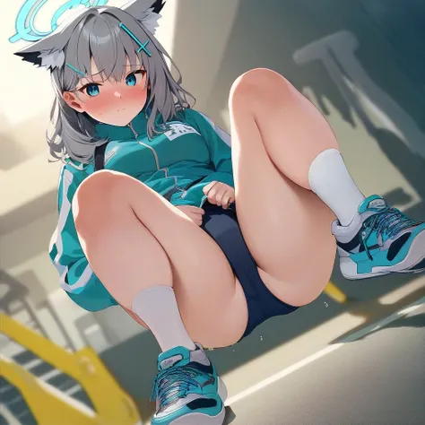 score_9, score_8_up, score_7_up, score_6_up, score_5_up, score_4_up, source_anime, screenshots, 
shiroko-gym, shiroko (blue archive),blue eyes,grey hair,hairclip,animal ears,halo,track jacket,buruma,white socks,sneakers,
 Erotically spreading legs, half-sq...