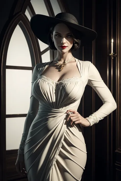 resident evil 8,madame dumitrescu,short hair,pure white skin,golden eyes,tall,white long dress,black hat, black rose brooch,phot...