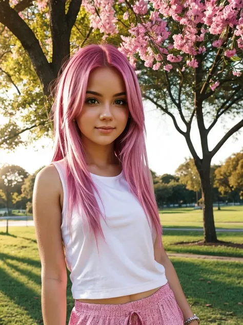 Beautifull girl, pink hair, posing in park 