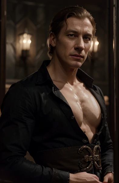 a menstranswoman, mtf transgender Tobias Menzies as Black Jack Randall, early transition, masculine features softened, delicate skin, feminine hairstyle, intricate jewelry, ornate georgian dress, detailed facial features, dramatic lighting, chiaroscuro, da...