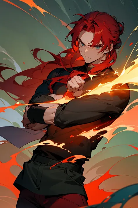 multi-color haired, two toned hair, young male, water in the background, surrounded by grass, lava background, black shirt, bangs covering head, long hair, red shorts, one male, lean build, upper body, serious face,muscular ,red hair, hair in bun, swords i...