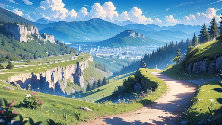 Anime landscape of a mountain landscape with a road going through it landscape, 8K image quality, Masterpiece