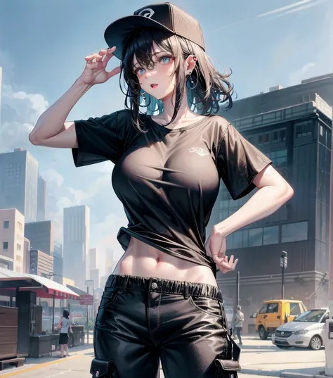 whole body, perfect anatomy, anatomically correct, beautiful girl, big tits, medium hair, black hair, tearful mole, earring, baseball cap, black T-shirt, cargo shorts,