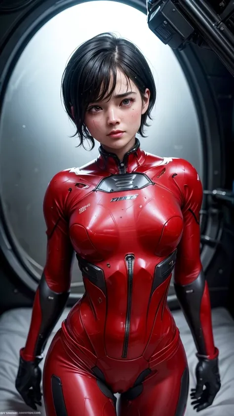 Highest quality　8k Red Suit Girl　Middle-aged women　Sweaty face　cute　short hair　boyish　Steam coming out of my head　My hair is wet with sweat　The feel of black hair　Full body portrait　My upper body is soaked　 　I can see the vagina　Lying in bed