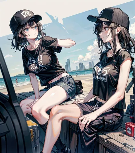 whole body, perfect anatomy, anatomically correct, beautiful girl, big tits, medium hair, black hair, tearful mole, earring, baseball cap, black T-shirt, cargo shorts,