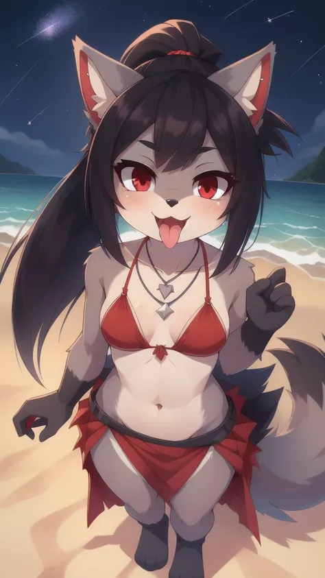 furry girl, wolf, black hair, punk hairstyle, large long spiky ponytail, absurdly long ponytail, anime style, small breasts, red eyes, eyeshadows, makeup, ((deep red bikini ruffled triangle, high cut bottom, star necklace, beach sarong with shooting stars ...