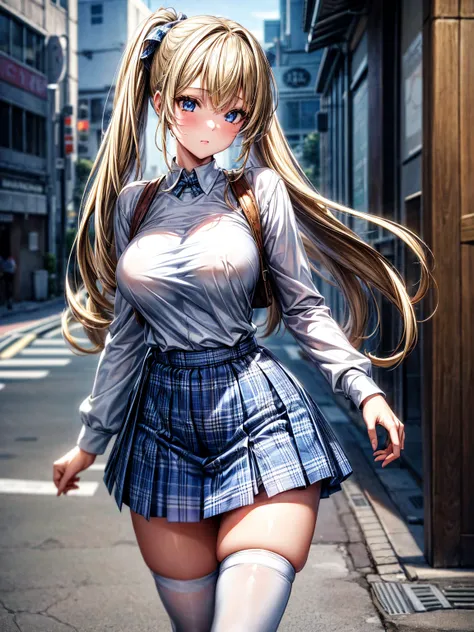 1girl,masterpiece,best quality,blonde hair,(dual short ponytails),blue eyes,(white stockings),(light blue plaid skirt),standing,in full length,medium breasts,white t shirt,in front of streets,extremely detailed,[[realistic]],beautiful alluring anime teen,s...