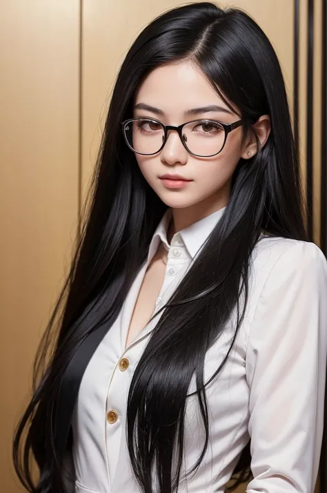 ((best quality)), ((masterpiece)), (detailed), perfect face a girl with long straight black hair, half wavy at the ends, dressed in a suit and glasses holding a Bitcoin and on an investment themed background