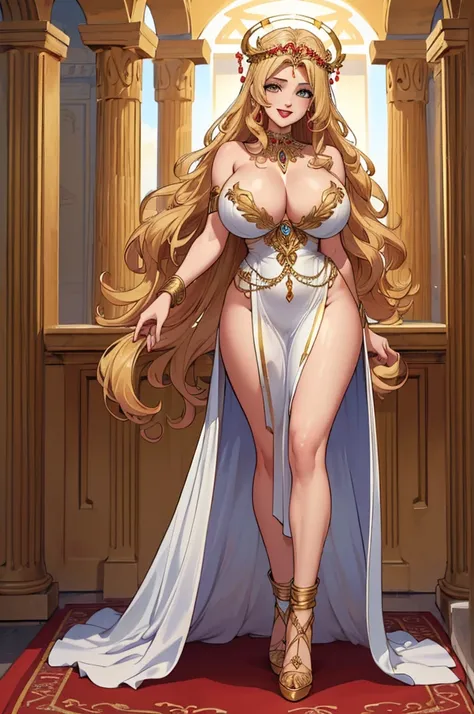 (masterpiece, best quality, high resolution, ((full body standing)), ((huge breasts))1 beautiful woman, Greek goddess "aphrodite", very long curly blonde hair, red lips, fantasy Greek goddess dress full body, greek goddess jewelry, greek goddess headdress,...