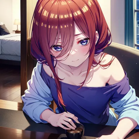 Mikunakano, miku nakano, Long Hair, bangs, blue eyes, Brown Hair, shirt, Hair between the eyes,smile,Open your mouth, Messy Hair,オーバサイズtshirt,One Shoulder,Black string underwear,barefoot,Sitting on the sofa,There is a coffee mug on the table,
break indoors...