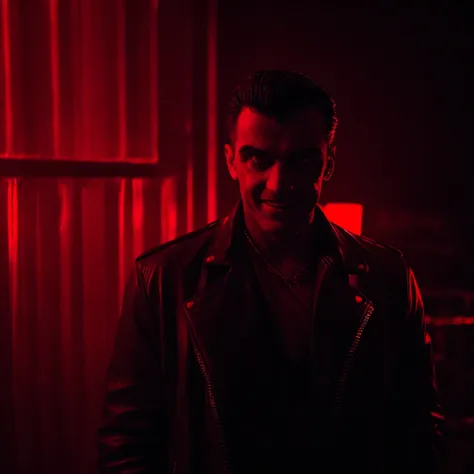 a serial ghost killer with a sinister smile, 1980s nightclub in brazil, neon lighting, blood-red color palette, dark shadows, om...