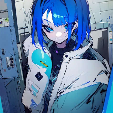 A blue-haired girl has a cold expression and is smiling. Her clothes are cyberpunk. She is looking at herself. She is handing out medicine.