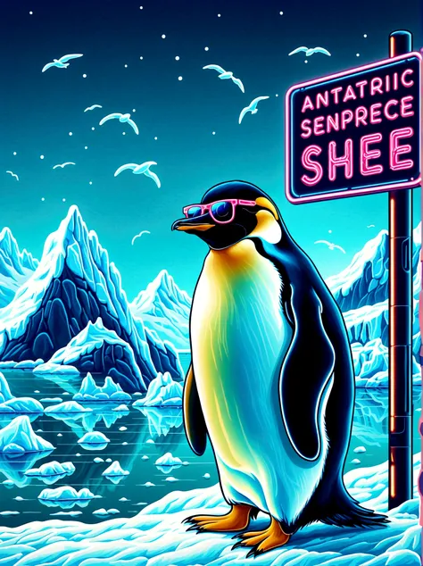 Neon，Shop sign，Antarctic Scene，iceberg，Sea，Cool emperor penguin wearing sunglasses，发光的NeonShop sign，Ultra high saturation，Bright colors