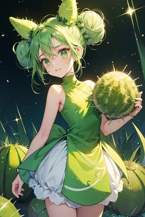 Tustustchi resembles a cactus, with most of her green body being covered in spines except for her white face. She has stubby arms and legs. There are additional cactus balls on top of her head, resembling a bun.  SPARKLE; GLITTER