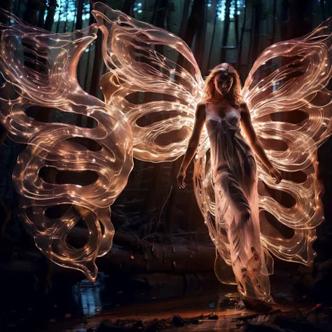 photorealistic,realistic,photography,masterpiece,best quality,ultra-detailed,1girl,glowing wings,pink wings,dress,wings,forest,