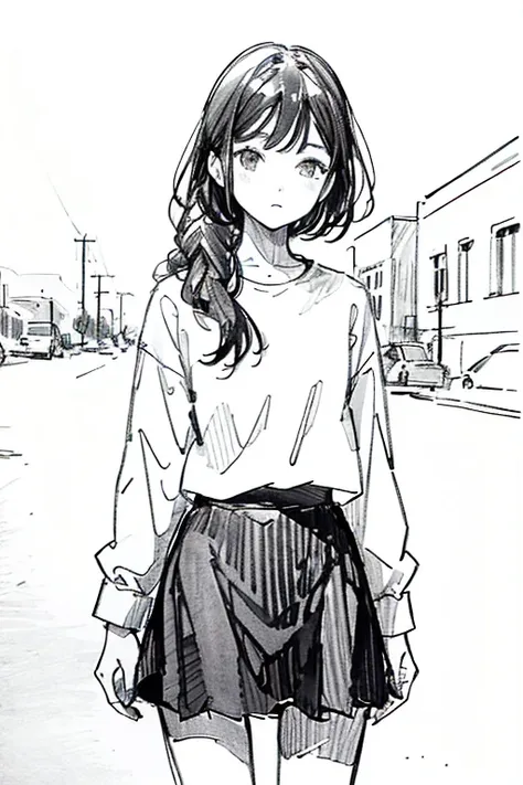 one girl,line art,monochrome,sketch,pencil drawing,traditional media,one girl, 黒いskirtフェンス, long hair shirt, long sleeve, skirt,...