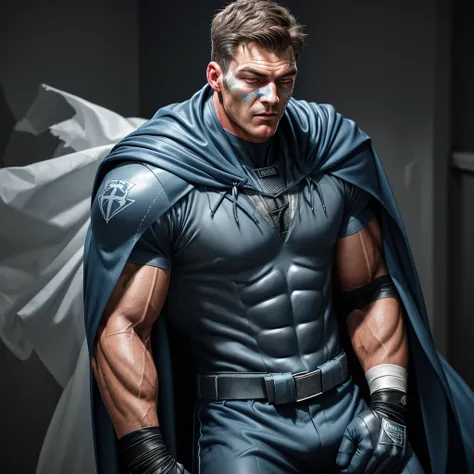 a full-body 3d male realistic model, wearing a full-body hero suit and cape in the pattern of a professional baseball uniform, a...