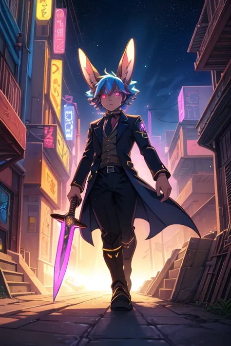 niji mode.  Human sorcerer secret agent, full body, wearing an elegant suit made of fine fabric and with magic circuits, holding in both hands a sword with a long handle with carved magic details shining, human face with rabbit ears, glowing eyes, tanned s...