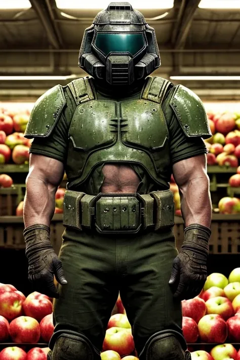 photo of doomguy in a big market, looking at viewer, crate of apples, (detailed background:1.2), (raw, extremely intricate:1.2),...