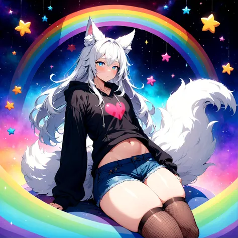 a cute adult male with wolf ears, long white hair, long locks, has a wolf tail, wearing a loose cropped black hoodie, wearing a ...