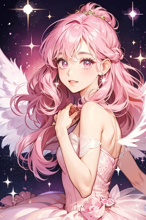 She has pink wings, another smaller sparkle in each eye, more eyelashes, and a pink pearl at the center of the curl in her hair. SPARKLE; GLITTER