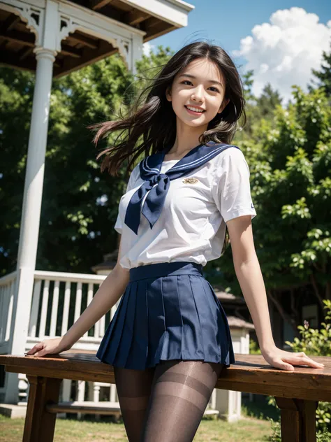 Very cute and beautiful high school girl,Teen,(Very detailed美しい顔),black tights
(smile),Happy,View your viewers,Black Hair,(Sailor suit),(Pleated navy blue dining table on a wooden bench in an elegant gazebo,Thick black pantyhose、garden,squirt,forest,
(High...