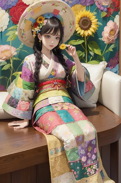 Solarization:1.5,(Patchwork floral tapestry art background:1.5),Colorful、Black hair、long、Korean beauty with matching bangs、Thin eyeliner、Rose Red Lip、Red kimono、Powerful studio lighting、top-quality、​masterpiece、bokeh dof、Front Focus illustration in the sty...